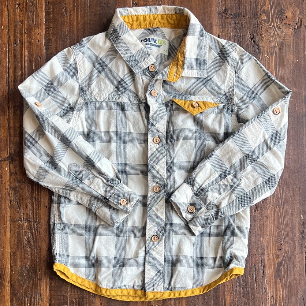 Stylish Kids Plaid Button-Down Shirt in Gray and Yellow